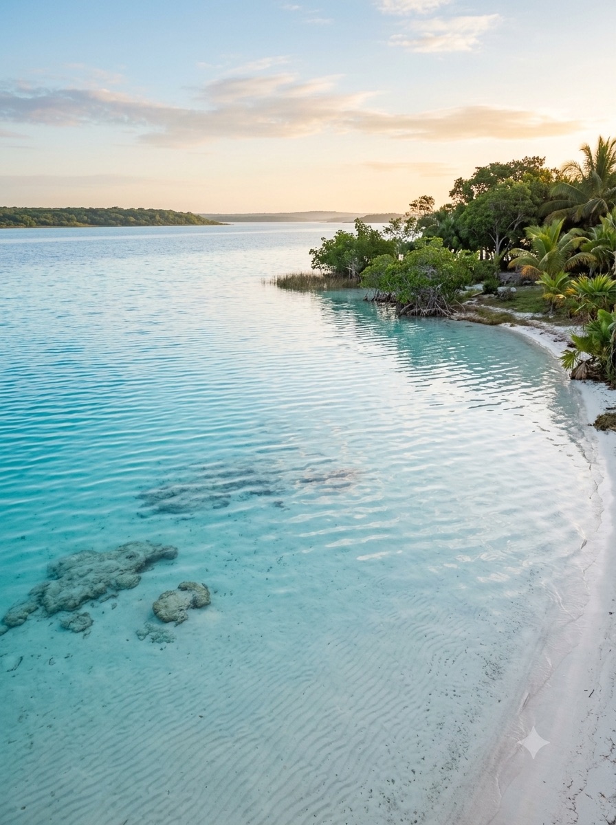 A person floating calmly in shallow Bacalar lagoon water / Una persona flotando tranquilamente en aguas poco profundas de la laguna de Bacalar